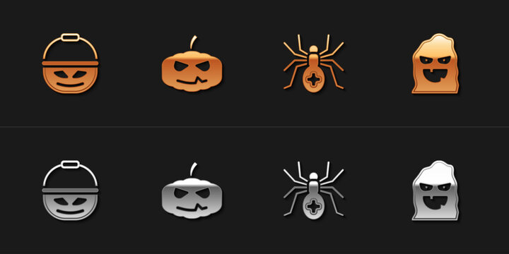 Set Pumpkin basket for sweets, , Spider and Funny and scary ghost mask icon. Vector
