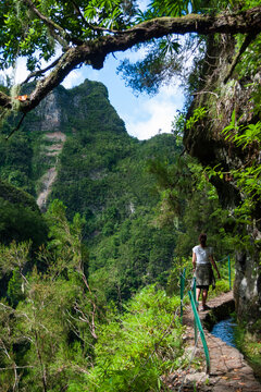 Una senderista recorre un bosque en la levada do Inferno, isla de Madeira, Portugal.