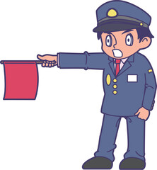 旗を出して危険を知らせる駅員