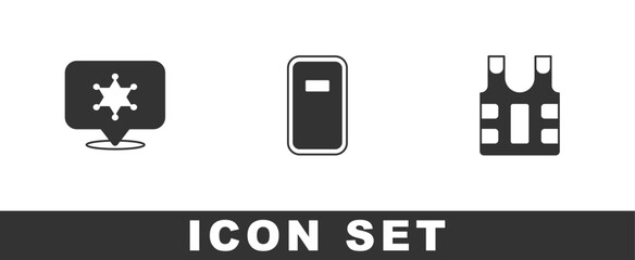 Set Hexagram sheriff, Police assault shield and Bulletproof vest icon. Vector