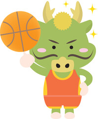 2024年の辰年年賀状に使えるバスケットボールをする龍のイラスト