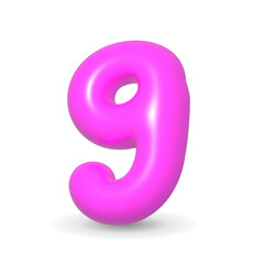 Lustrous, glistening and gleaming Fuchsia balloon digit Nine. 3d realistic design element isolated on white background. For events, party, sales.