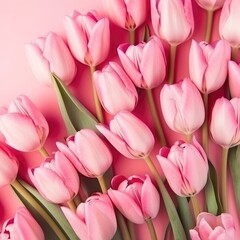 Obraz premium A flat lay of tulip flowers on pink background, suitable for Women's Day, Mother's Day, or spring sale. (Generative AI)
