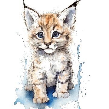 recommend clip art: Baby Bobcat watercolor with ink outline on white background, high detailed (generative AI)