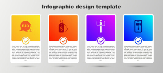 Set Bid, Price tag with Sale, Hand holding auction paddle and Online. Business infographic template. Vector