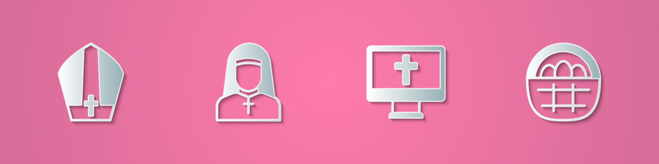 Obraz premium Set paper cut Pope hat, Nun, Christian cross on monitor and Basket with easter eggs icon. Paper art style. Vector