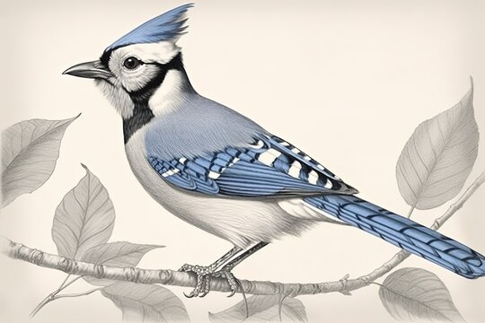 Realistic and Lifelike Drawing of a Blue Jay: Intricate Details and Delicate Shading, generative AI