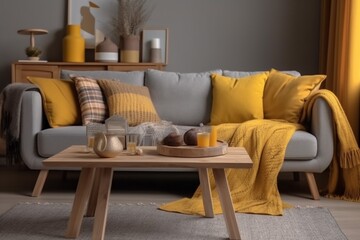 yellow decor house grey pillow flat home interior sofa cushion modern. Generative AI.