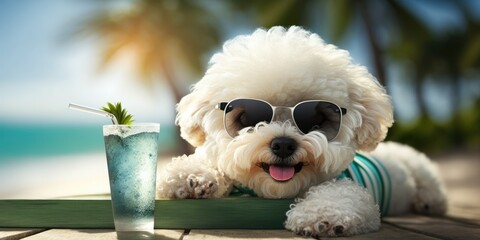 Bichon Frise dog is on summer vacation at seaside resort and relaxing rest on summer beach of Hawaii Generative AI - obrazy, fototapety, plakaty