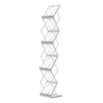 Zig zag display stand with clear shelves vector mockup. Blank white vertical open storage rack realistic mock-up. Brochure, catalogue, magazine holder. Template for design