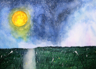 watercolor painting landscape field in the full moon galaxy night with the clouds.	 - obrazy, fototapety, plakaty
