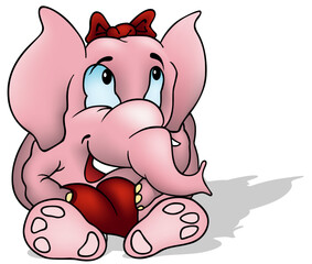 Pink Elephant with Blue Eyes Holding a Red Heart