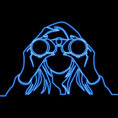 Continuous line drawing Woman looks through binoculars icon neon glow vector illustration concept