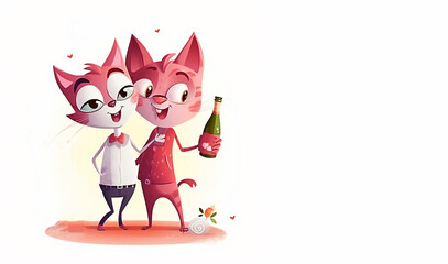 Wedding cat couple with flower. Cute cats married. Bride cats watercolor illustration on white background. Wedding couple concept.  Post processed AI generated image