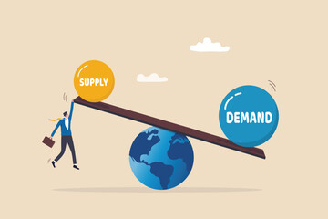 Demand vs supply balance, world economic supply chain problem, market pricing model for goods and service, cost or retail concept, businessman holding seesaw balance of demand and supply on the globe.