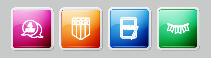 Set line USA Independence day, Shield with stars, on graphic tablet and Carnival garland flags. Colorful square button. Vector
