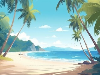 Fototapeta na wymiar Tropical paradise beach with white sand and coco palms, Panoramic beach landscape. Empty tropical beach and seascape