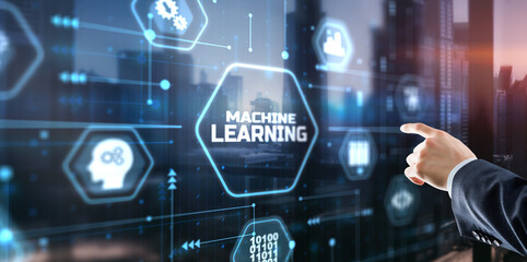 Businessman presses a button Machine learning. New technology 2023