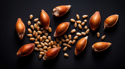 Pile of pine nuts on dark background. Food backdrop. Generative AI