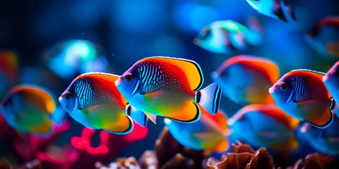 Fototapete Unterwasser Tropical sea underwater fishes on coral reef. Aquarium oceanarium wildlife colorful marine panorama landscape nature snorkeling diving