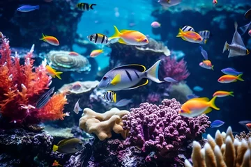 Fototapeten Tropical sea underwater fishes on coral reef. Aquarium oceanarium wildlife colorful marine panorama landscape nature snorkeling diving © LuckyStep