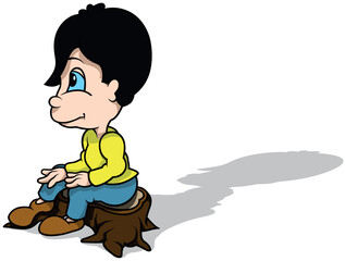 Black-haired Boy in a Yellow T-shirt Sitting on a Tree Stump