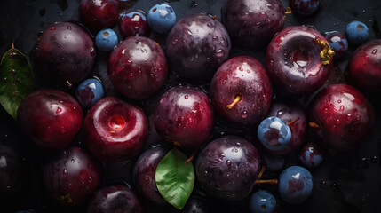 Fototapeta na wymiar Fresh ripe acai berries with water drops background. Berries backdrop. Generative AI