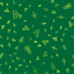 Set line Power station plant factory, Light bulb with leaf and Wind turbine on seamless pattern. Vector