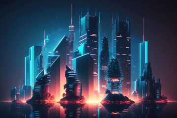 Cityscape with space and neon light effects. Modern hi-tech, science, futuristic technology concept. Generative AI.