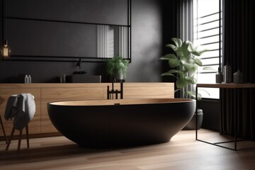 modern home furniture bathtub design bathroom wood black style interior luxury. Generative AI.