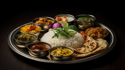  Indian thali,  home made food with lentil dal, cauliflower curry, roti, ghee butter, and  rice, ai illustration isolated on black background 