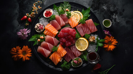 Fototapeta na wymiar Japanese gourmet sashimi, raw sliced fish on black background, top view ai illustration 