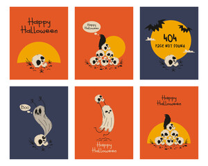 Halloween hand drawn cartoon greeting cards set. Happy halloween posters collection. Vector illustration.