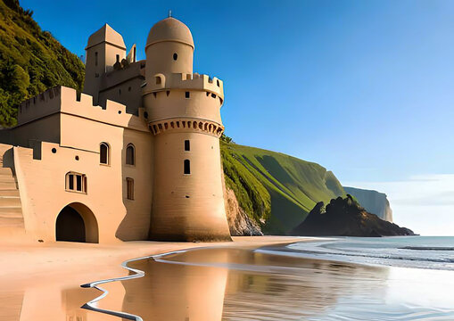 sands castle against ocean or sea, sunset or sunny day summer vacation concept, generative ai image