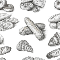 Black and white drawing seamless pattern for bakery