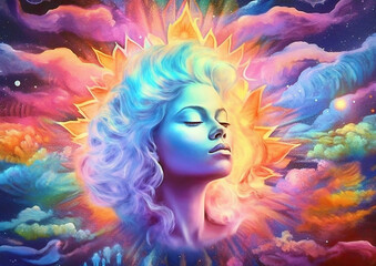 A serene woman with closed eyes is enveloped in vibrant, swirling colors resembling a sunrise. The surrounding clouds blend with hues of blue, pink, and orange, creating a dreamlike atmosphere.AI 