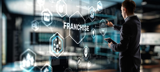 Businessman presenting Franchise. Mixed Media Background