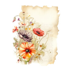 Watercolor vintage paper scroll background with flowers for scrapbooking