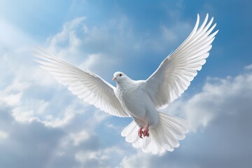 Fototapeta na wymiar a White dove flies against the background of a blue sky with clouds. White dove flies beautifully in the air. Generative AI