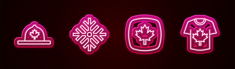 Set line Canadian ranger hat, Snowflake, maple leaf and Hockey jersey. Glowing neon icon. Vector