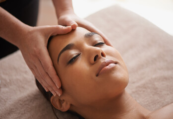 Girl, hands or head massage to relax in spa for zen resting, sleeping wellness or luxury physical therapy. Face of woman in salon to exfoliate for facial healing treatment, beauty or holistic detox