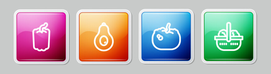 Set line Bell pepper, Avocado, Pumpkin and Basket and food. Colorful square button. Vector