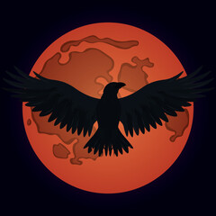 Flying black raven in a moonlight of the red full moon vector illustration