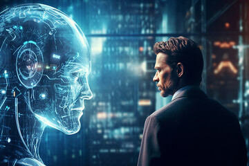 Man connecting Ai robot in the lab room with Ai Generator