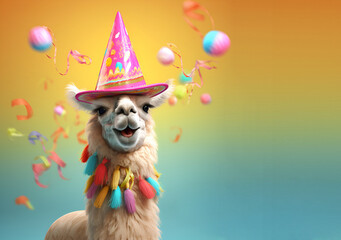 Creative animal concept. Alpaca in party cone hat necklace bowtie outfit isolated on solid pastel background advertisement, copy text space. birthday party invite invitation