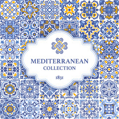 Label or business card template with azulejo mosaic tile pattern, blue, white, yellow colors, floral motifs. Mediterranean, Portuguese, Spanish traditional vintage style. Vector illustration