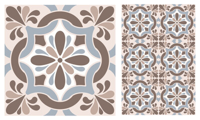 Azulejo mosaic tile, square pattern with floral motifs, in beige colors. Mediterranean, Portuguese, Spanish traditional vintage ceramic tilework. Arabesque ornament with flowers. Vector illustration
