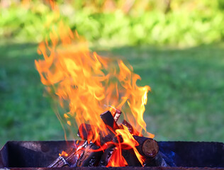 Firewood burning in a brazier outdoors