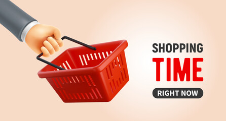 Advertising banner template with hand holding empty shopping basket. Realistic 3d red shopping product cart on beige background. Place for text. Vector illustration