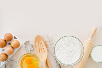 Bright Background with ingredients for home baking decorated  with copy space for text, flat lay, Top view